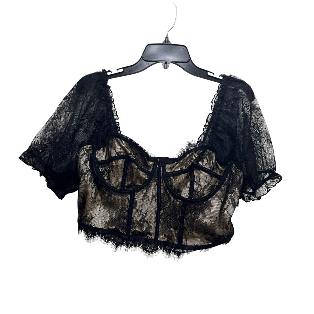 Black Lace Crop Top Corset Bustier Underwire Puff Sleeve Sheer Goth Boho 1XL